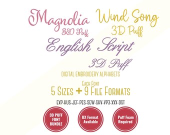 Paket med 3D Puff-typsnitt, paket med kursivskrift, broderiteckensnitt; 5 storlekar, BX-typsnitt, PES + 8 andra format för broderimaskiner
