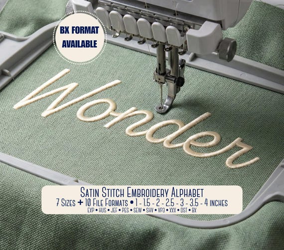 Satin Stitch Script Embroidery Font, Cursive Machine Embroidery Letters, BX Font PES DST, 7 Sizes - Instant Download