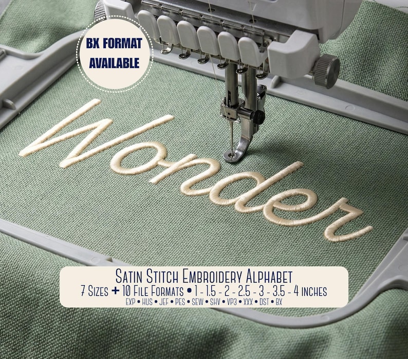 Satin stitch cursive embroidery alphabet stitched on green fabric inside an embroidery hoop, showing the word “Wonder” sewn with smooth satin stitches. The image highlights clean edges, even stitch density, and elegant letter connections. Professional machine embroidery font with BX format available, designed for reliable stitch results on garments, accessories, and personalized embroidery projects.
