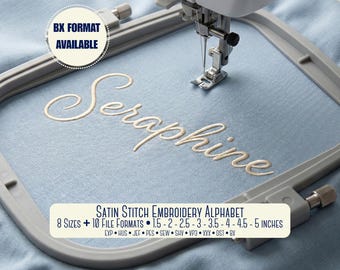 Fuente de bordado satinado: cursiva + compatible con BX + 6 tamaños + archivos de máquina multiformato