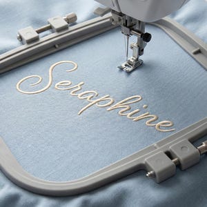 Satin embroidery font stitch preview showing smooth satin script style letters, digital embroidery design ready to stitch on garments, hats and bags, multi-size machine embroidery files including PES, DST, EXP, JEF and more — BF font pack variant included