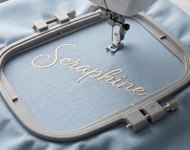 Satin embroidery font stitch preview showing smooth satin script style letters, digital embroidery design ready to stitch on garments, hats and bags, multi-size machine embroidery files including PES, DST, EXP, JEF and more — BF font pack variant included