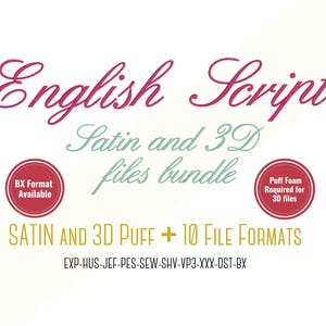 English Script 3D Puff and Satin stitch bundle embroidery alphabet Embroidery Font;BX font - PES + 8 other formats for Embroidery Machines