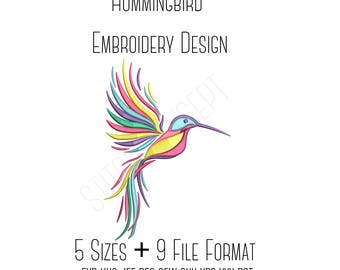 Hummingbird Embroidery Design, 5 Sizes, PES, DST, 9 File Format