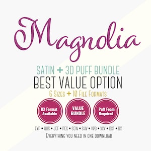Magnolia Embroidery Alphabet Bundle – Satin Stitch & 3D Puff Font | Machine Embroidery Download
