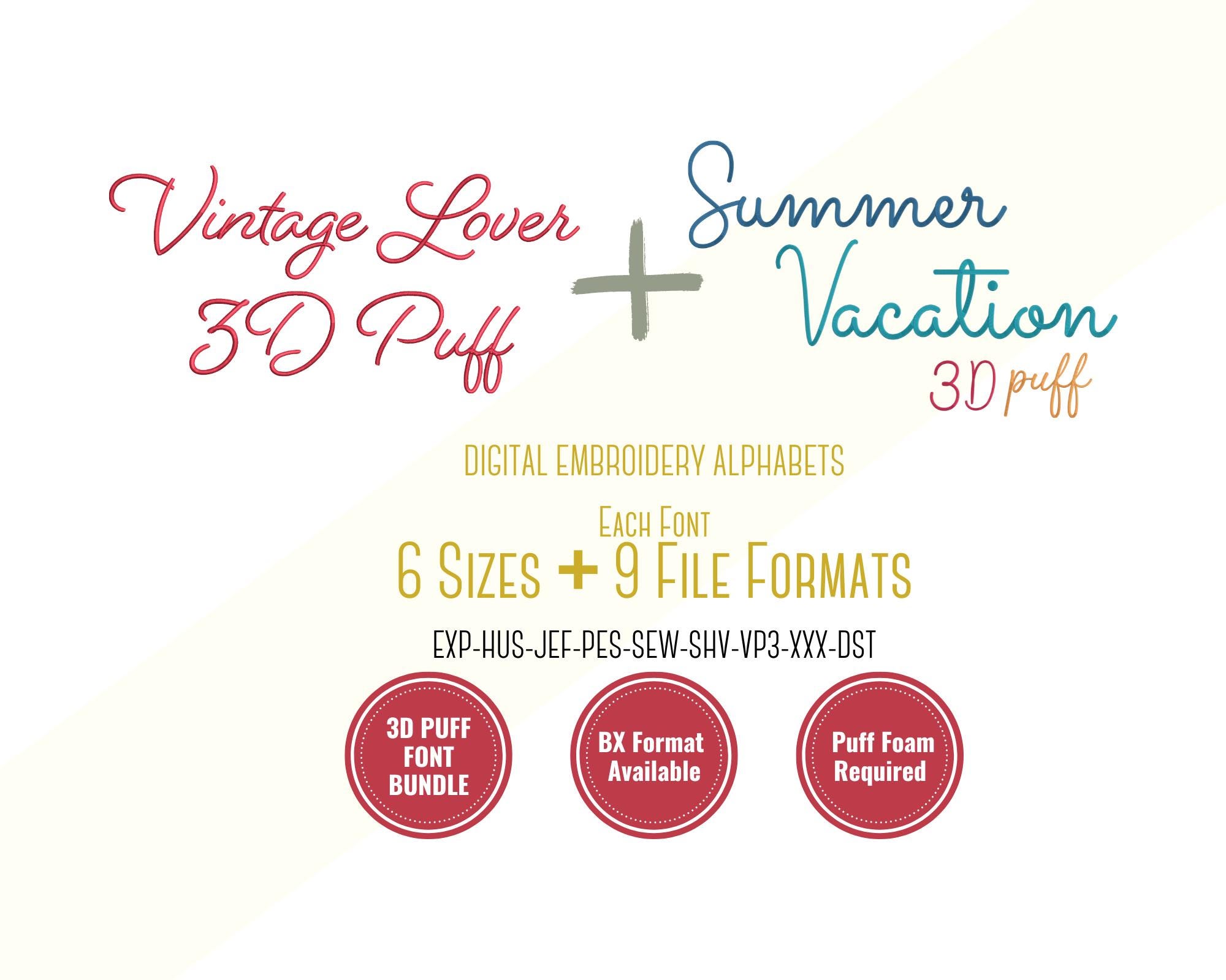 3D Puff Fonts Bundle, Cursive Script Fonts Bundle Embroidery Font; 6 ...