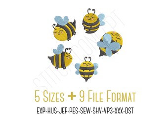 Cute Bees machine embroidery design, 5 sizes, PES with 8 other formats