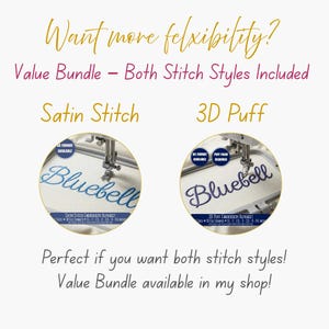 Informational embroidery graphic highlighting satin stitch script alphabet and value bundle option. This image explains stitch style availability and purchase options. Promotional image only, not an actual stitch-out result.