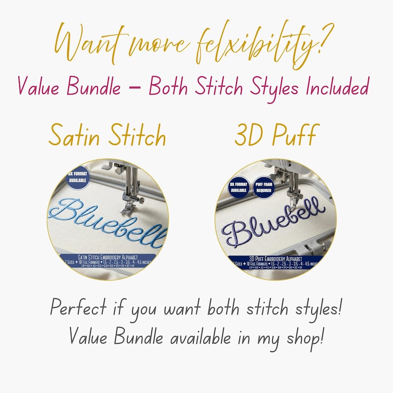 Informational embroidery graphic highlighting satin stitch script alphabet and value bundle option. This image explains stitch style availability and purchase options. Promotional image only, not an actual stitch-out result.