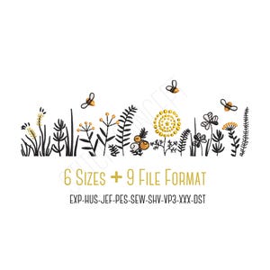 Maskinbroderidesign med vilda blommor och bin, 6 storlekar, PES med 8 andra format