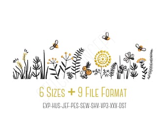 Wildflowers with bees machine embroidery design, 6 sizes, PES with 8 other formats