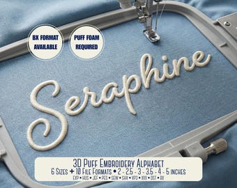 3D Puff Embroidery Font – Cursive Script & BX + 6 Sizes + Multi-Format Machine Files