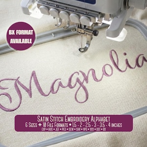 Fuente de bordado Magnolia Satin Stitch, letras cursivas para bordado a máquina, fuente BX PES DST, 6 tamaños - Descarga instantánea