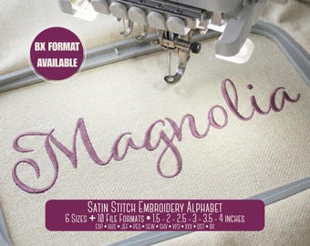 Magnolia Satin Stitch Broderitypsnitt, Kursivt teckensnitt Maskinbroderibokstäver, BX-typsnitt PES DST, 6 storlekar - Direktnedladdning