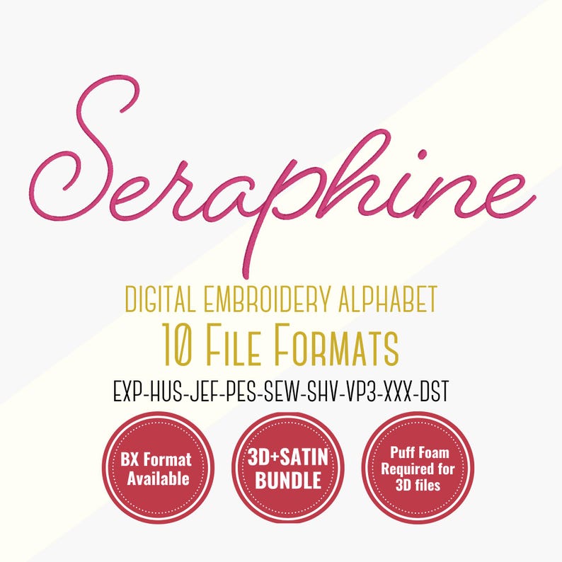 Embroidery font bundle preview for satin and 3D puff fonts with BX keyboard ready alphabet, digital embroidery pack showing bundle value with features including multiple sizes and machine formats like PES, DST, EXP, JEF, SHV, SEW and more — instant download embroidery font bundle ideal for personalized machine embroidery projects.