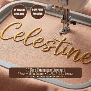 Fuente de bordado cursiva 3D Puff; 5 tamaños, fuente BX, PES + 8 formatos adicionales para máquinas de bordar