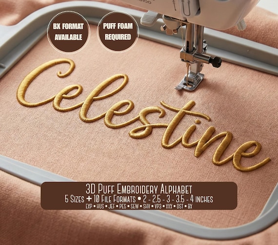 Celestine 3D Puff Embroidery Font | Cursive Script Alphabet | BX Included, 5 Sizes