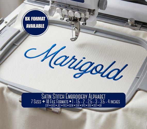 Marigold Satin Embroidery Font | Cursive Script Alphabet, BX Included, 7 Sizes