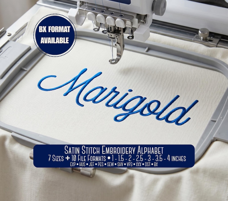 Marigold Satin Stitch script embroidery font stitched in blue thread on fabric, showing cursive machine embroidery lettering with BX format available.