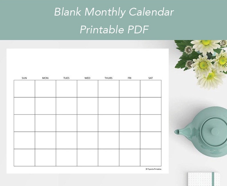 Blank Monthly Calendar Printable PDF Sun & Mon Start Letter Etsy Canada