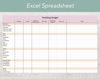 Budgetspårare för bröllop, Excel-kalkylblad, Mall för bröllopsbudget, redigerbar, kompatibel med Google Sheets, direktnedladdning