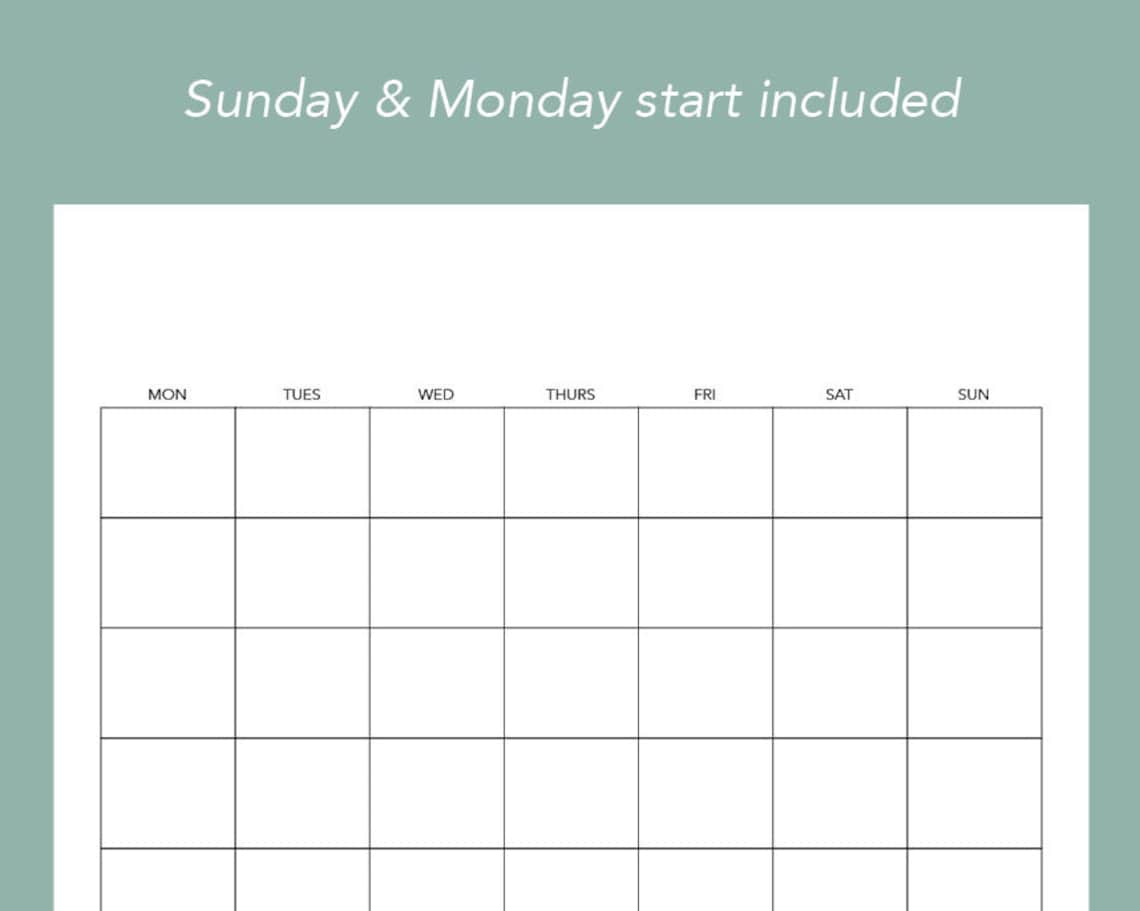 Blank Monthly Calendar, Printable PDF, Sun &amp; Mon Start, Letter Size ...