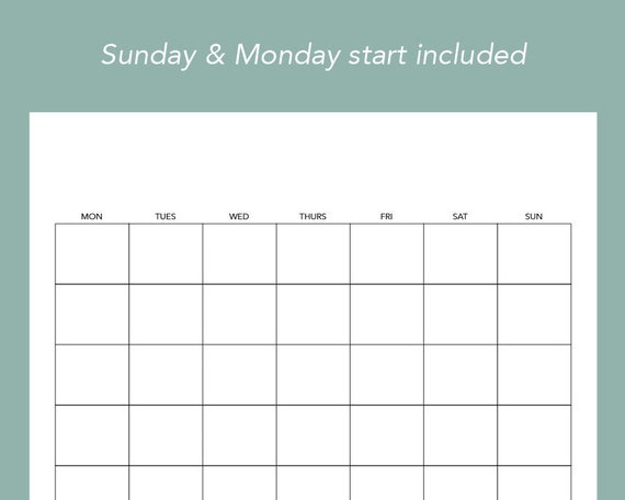 Blank Monthly Calendar, Printable PDF, Sun & Mon Start, Letter Size, Instant Digital Download - Etsy