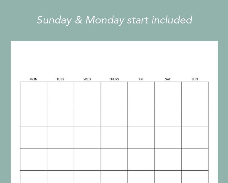 Blank Monthly Calendar, Printable PDF, Sun & Mon Start, Letter Size ...