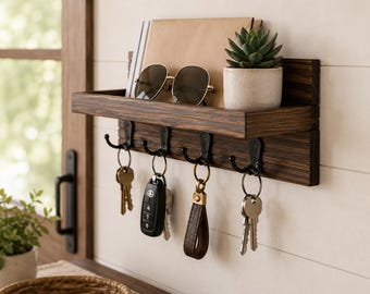 Modern Farmhouse Key Holder Shelf with Hooks, Rustic Wall Mount Entryway Organizer, Wooden Mail and Key Rack Storage Shelf Decor for Home