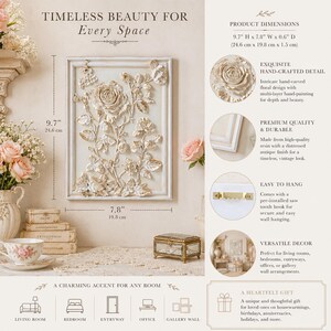 May include: A rectangular wall art piece with a white frame and a detailed floral design. The artwork measures 9.7 inches high, 7.8 inches wide, and 0.6 inches deep. The hand-carved floral design has a distressed antique finish.