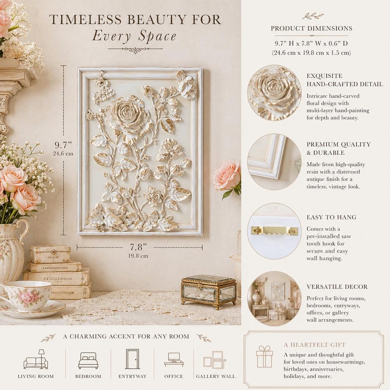 May include: A rectangular wall art piece with a white frame and a detailed floral design. The artwork measures 9.7 inches high, 7.8 inches wide, and 0.6 inches deep. The hand-carved floral design has a distressed antique finish.