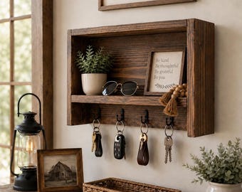 Rustic Farmhouse Key Holder Wall Shelf Entryway Organizer Wooden Key Rack Mail Shelf Wall Mounted Key Hanger Home Decor Cabin Lodge Country