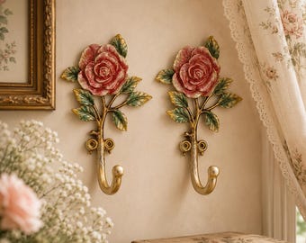 Vintage Rose Wall Hooks Set of 2 Cottagecore Wall Decor Shabby Chic Floral Hooks French Country Coquette Room Decor Victorian Style Curtain