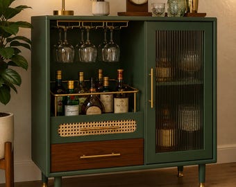 Mid Century Modern Bar Cabinet Liquor Cabinet Home Bar Cabinet Fluted Glass Coffee Bar Furniture Accent Storage Unit Buffet Sideboard