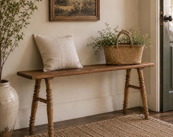 French Country Wood Bench Rustic Farmhouse Entryway Bench Narrow Cottagecore Bedroom Bench Hallway Furniture Vintage Style Seating Decor