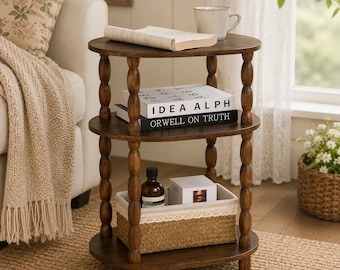 Side Table for Small Spaces Cottagecore End Table Wooden Side Table Farmhouse Nightstand Shelf Vertical Storage Organizer Rustic Brown