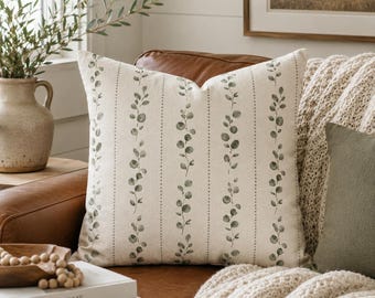 Farmhouse Eucalyptus Throw Pillow Cover Scandinavian Folk Botanical Pillow Neutral Cottagecore Modern Farmhouse Cushion Decor Rustic Country