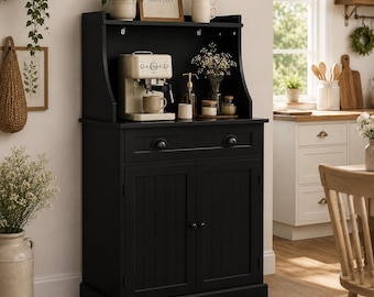 Farmhouse Cottagecore Coffee Bar Cabinet Hutch Storage Microwave Stand Kitchen Buffet Sideboard Country Style Pantry Organizer Furniture