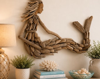 Driftwood Mermaid Wall Decor Coastal Beach House Wall Art Nautical Wall Sculpture Rustic Boho Mermaid Hanging Ocean Inspired Coastal Decor