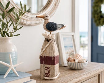 Coastal Seagull Buoy Decor Nautical Beach House Tabletop Accent Rustic Coastal Cottage Shelf Decoration Ocean Theme Gift for Beach Lovers