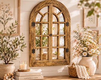 Vintage Farmhouse Arched Wall Wood Mirror Decorative Mirror Cottagecore Decor Rustic Windowpane Wooden Mirror French Country Entryway Accent