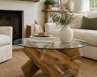Modern Farmhouse Round Glass Coffee Table Rustic Wood Base Organic Modern Japandi Living Room Table Contemporary Accent Furniture Decor