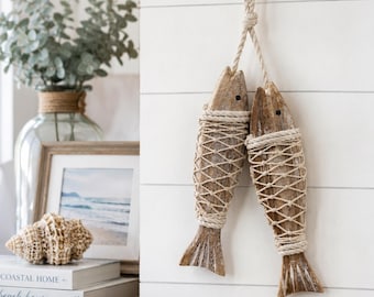 Rustic Coastal Wooden Fish Wall Hanging Set Nautical Beach House Decor Coastal Farmhouse Wall Accent Lake House Decor for Bathroom Entryway