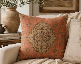 Vintage Turkish Oushak Pillow Cover Distressed Medallion Throw Pillow Boho Farmhouse Anatolian Rug Cushion Organic Modern Grandmillennial