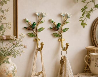 Cottagecore Bird Wall Hooks Set of 2, Floral Curtain Tiebacks, Vintage Botanical Wall Decor, Decorative Brass Hooks, Whimsical Rustic Decor