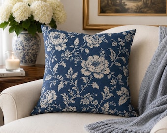 Dusty Indigo Floral Throw Pillow Cover Grandmillennial Cottagecore English Cottage French Country Decor Shabby Chic Traditional Decor