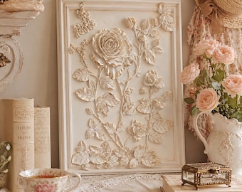French Country Floral Wall Decor Vintage White Rose Wall Art Cottagecore Farmhouse Shabby Chic Botanical Parisian Home Decor Gift Idea