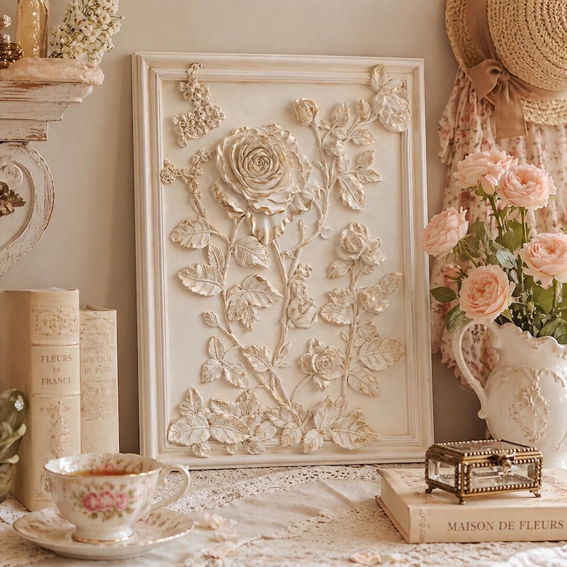May include: A framed, off-white relief sculpture of a rose and foliage. The artwork is in a white frame and is surrounded by other vintage decor, including books, a teacup, and a vase of pink roses. The overall aesthetic is romantic and vintage.