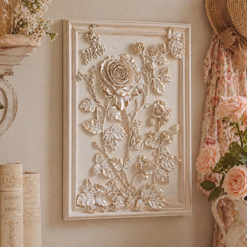 May include: A rectangular, off-white framed wall art piece featuring a raised relief of a rose and foliage in a gold color. The artwork has a vintage, romantic aesthetic, with detailed leaves and petals.