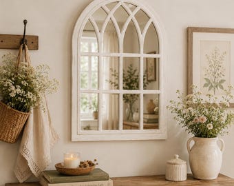 Large Farmhouse Arched Window Mirror Rustic White Distressed Cottagecore French Country Wall Decor for Entryway Living Room Bedroom Bathroom